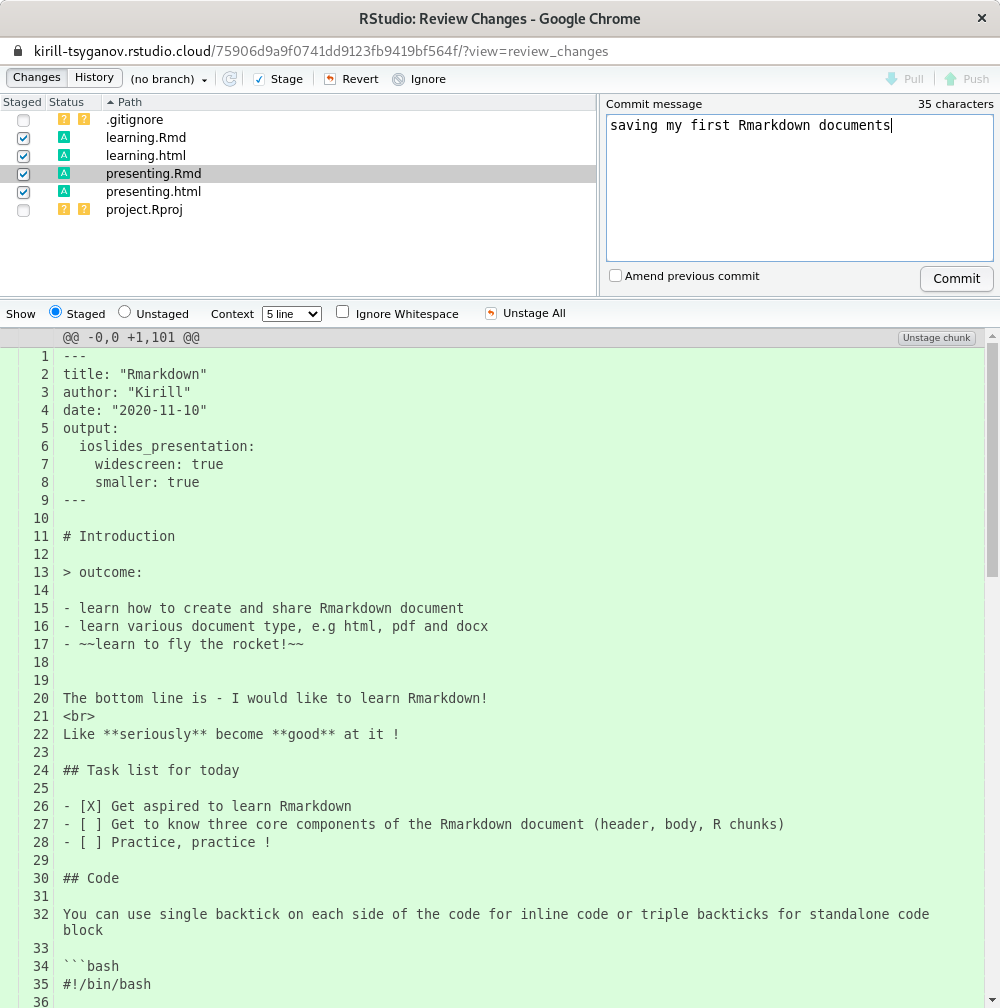 RStudio pop up dialog for git commit and other git related work with commit message