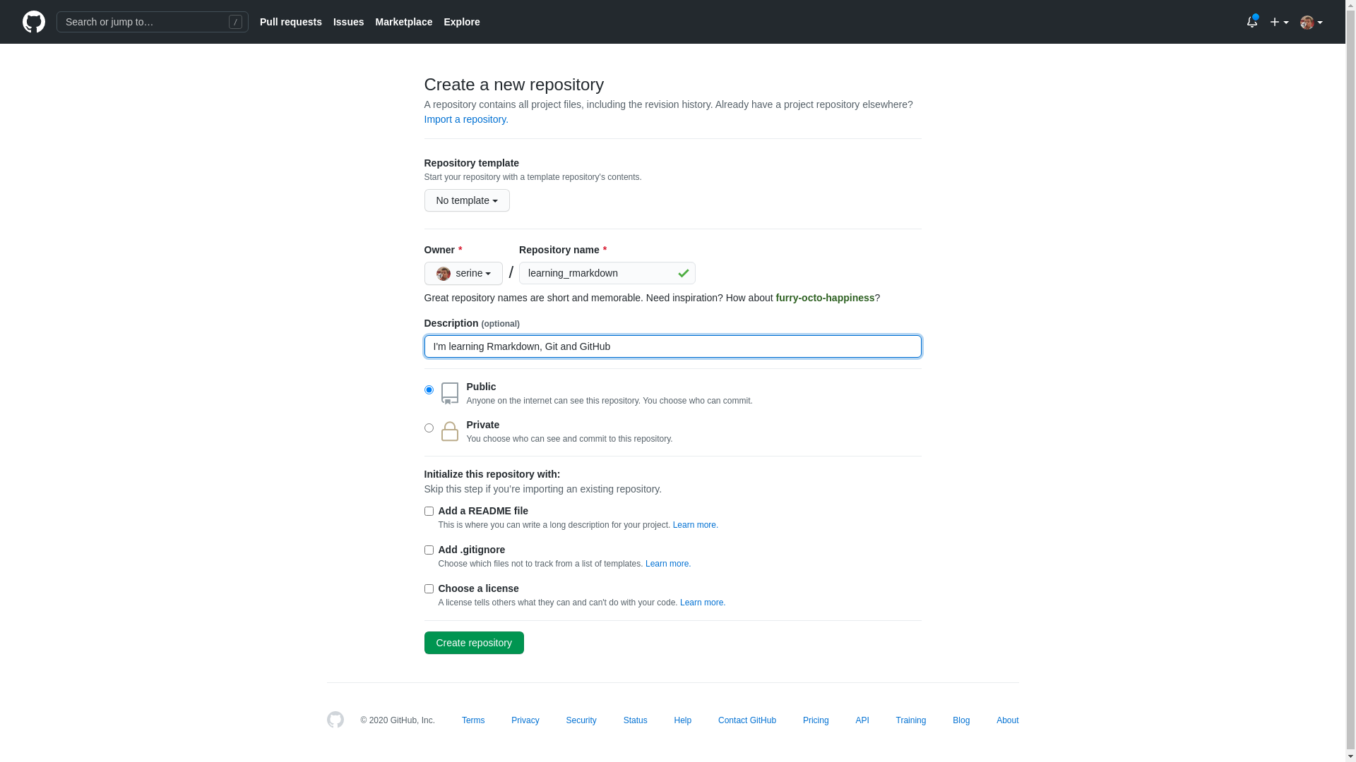 New repository dialog at github.com, with text